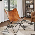 Fauteuil Butterfly en cuir véritable marron, structure en fer thermolaqué