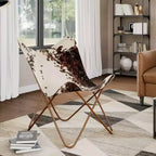 Fauteuil Butterfly en cuir véritable marron, structure en fer thermolaqué