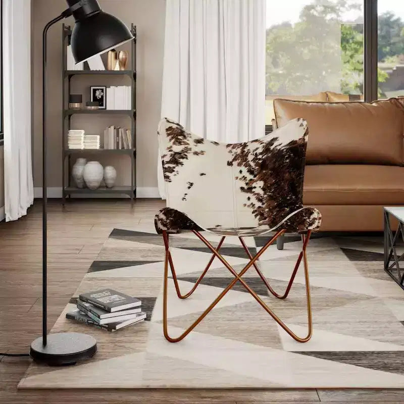 Fauteuil Butterfly en cuir véritable marron, structure en fer thermolaqué