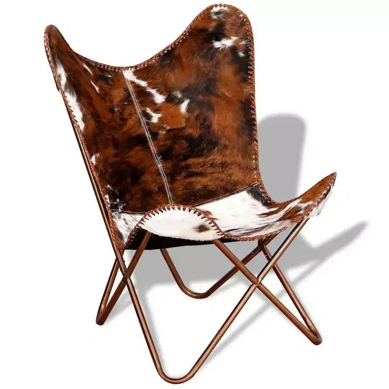 Fauteuil Butterfly en cuir véritable marron, structure en fer thermolaqué