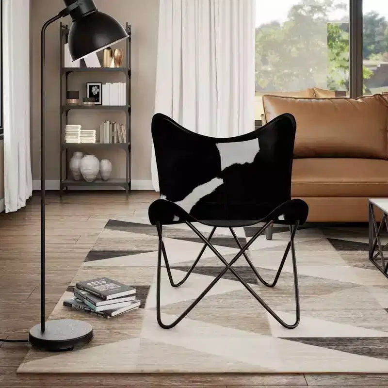 Fauteuil Butterfly en cuir véritable marron, structure en fer thermolaqué