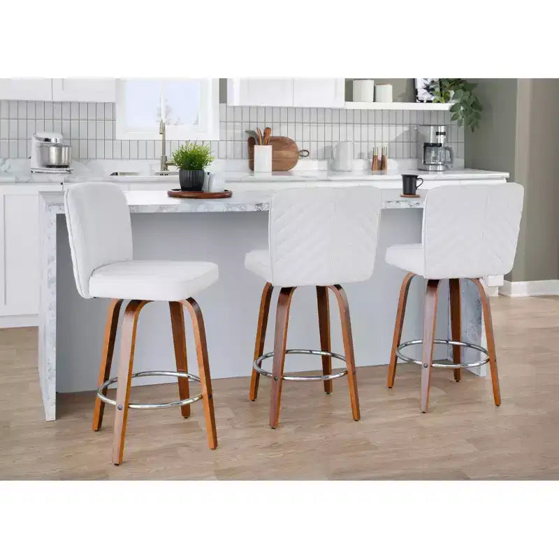 Lot de 2 tabourets de bar hauteur comptoir, bois de noyer et tissu blanc