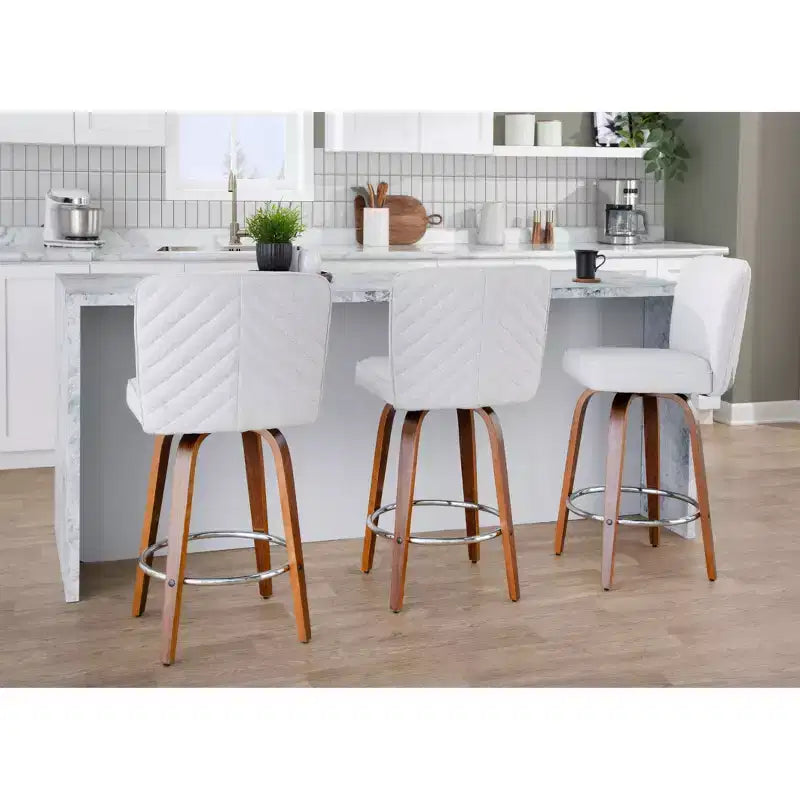 Lot de 2 tabourets de bar hauteur comptoir, bois de noyer et tissu blanc