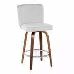 Lot de 2 tabourets de bar hauteur comptoir, bois de noyer et tissu blanc