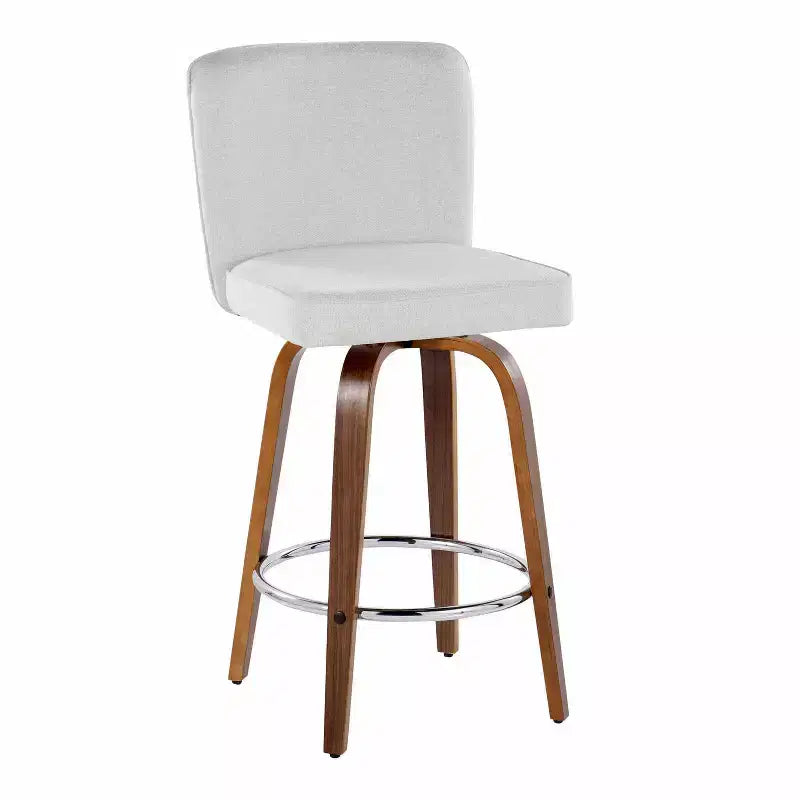 Lot de 2 tabourets de bar hauteur comptoir, bois de noyer et tissu blanc