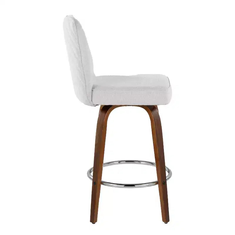 Lot de 2 tabourets de bar hauteur comptoir, bois de noyer et tissu blanc