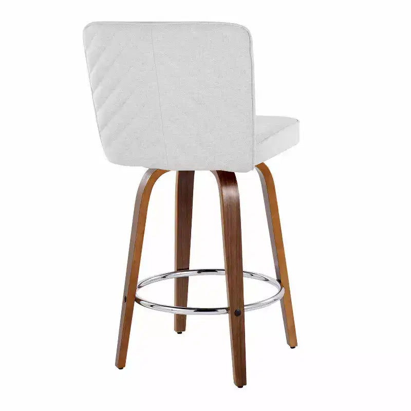 Lot de 2 tabourets de bar hauteur comptoir, bois de noyer et tissu blanc
