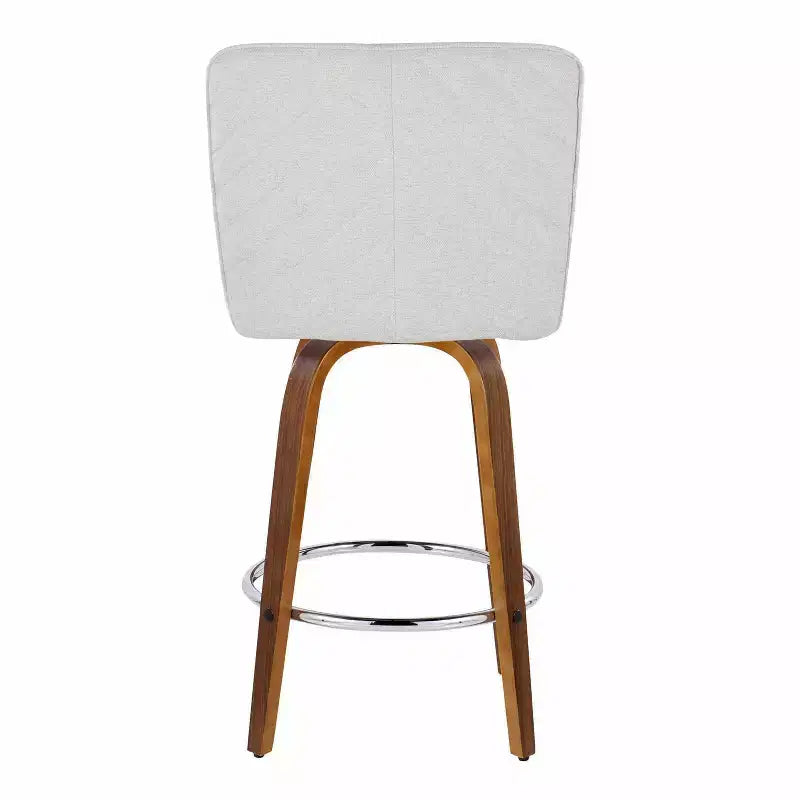 Lot de 2 tabourets de bar hauteur comptoir, bois de noyer et tissu blanc