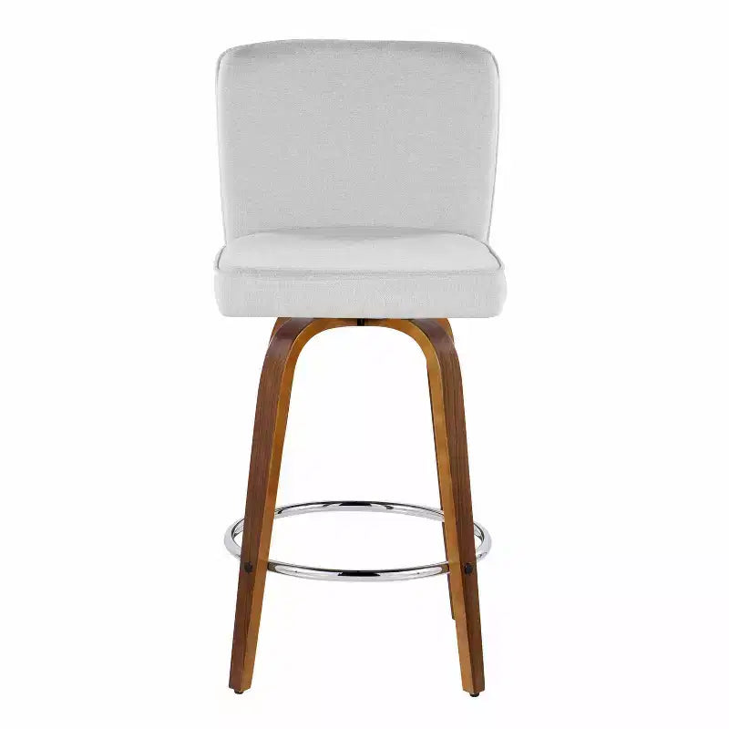 Lot de 2 tabourets de bar hauteur comptoir, bois de noyer et tissu blanc