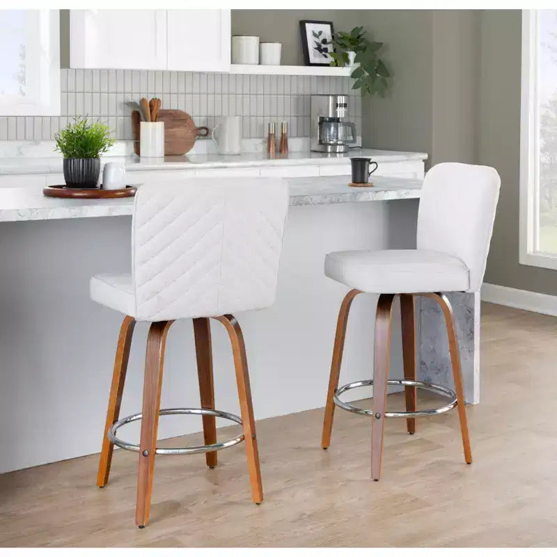 Lot de 2 tabourets de bar hauteur comptoir, bois de noyer et tissu blanc