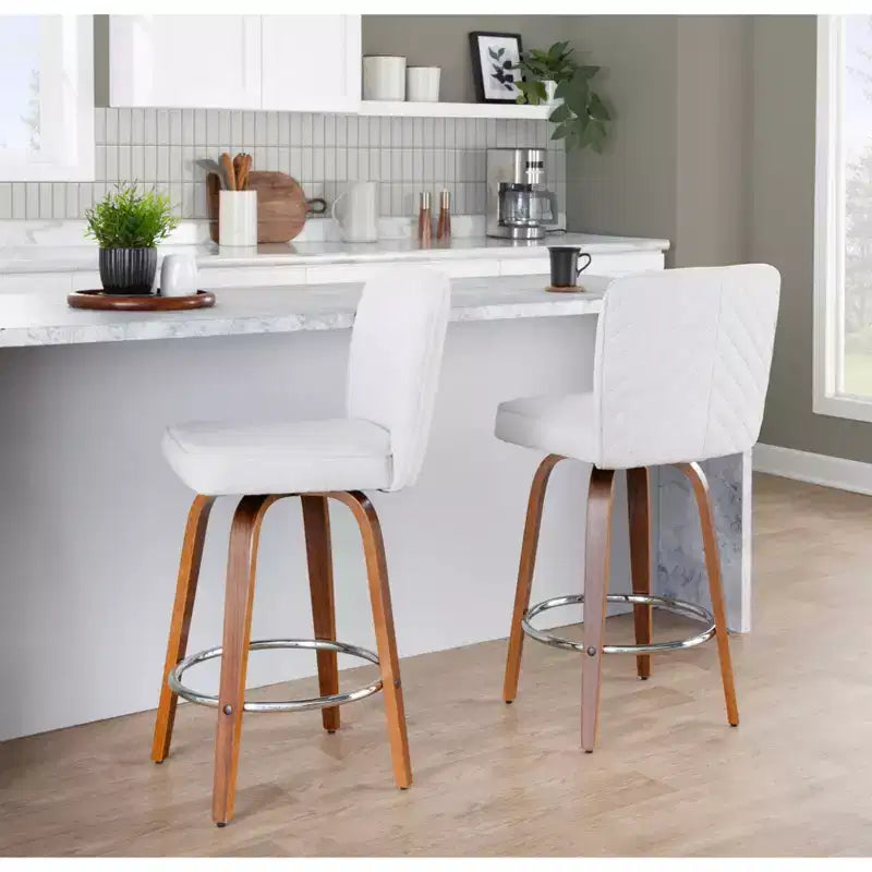 Lot de 2 tabourets de bar hauteur comptoir, bois de noyer et tissu blanc