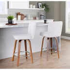 Lot de 2 tabourets de bar hauteur comptoir, bois de noyer et tissu blanc