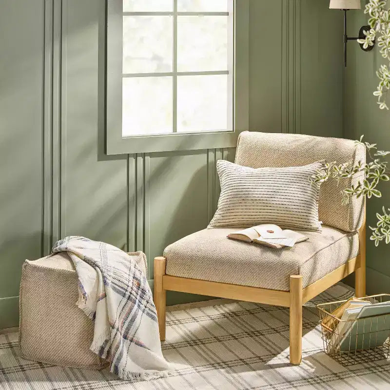 Upholstered Slipper Accent Chair with Dowel Legs, Beige & Light Brown