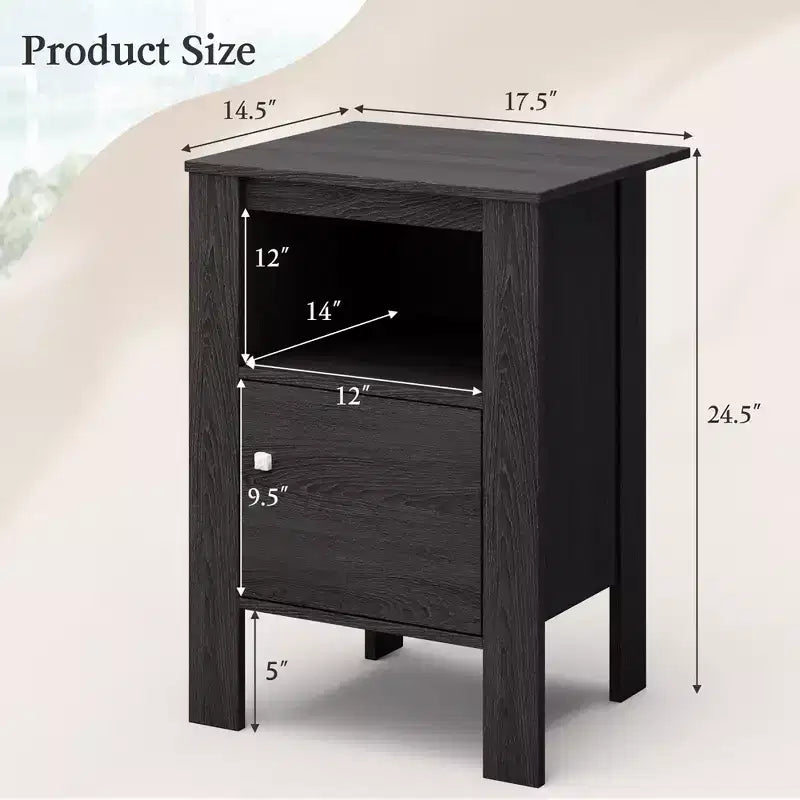 Table de chevet rustique avec étagère ouverte et placard, chêne/noyer gris foncé